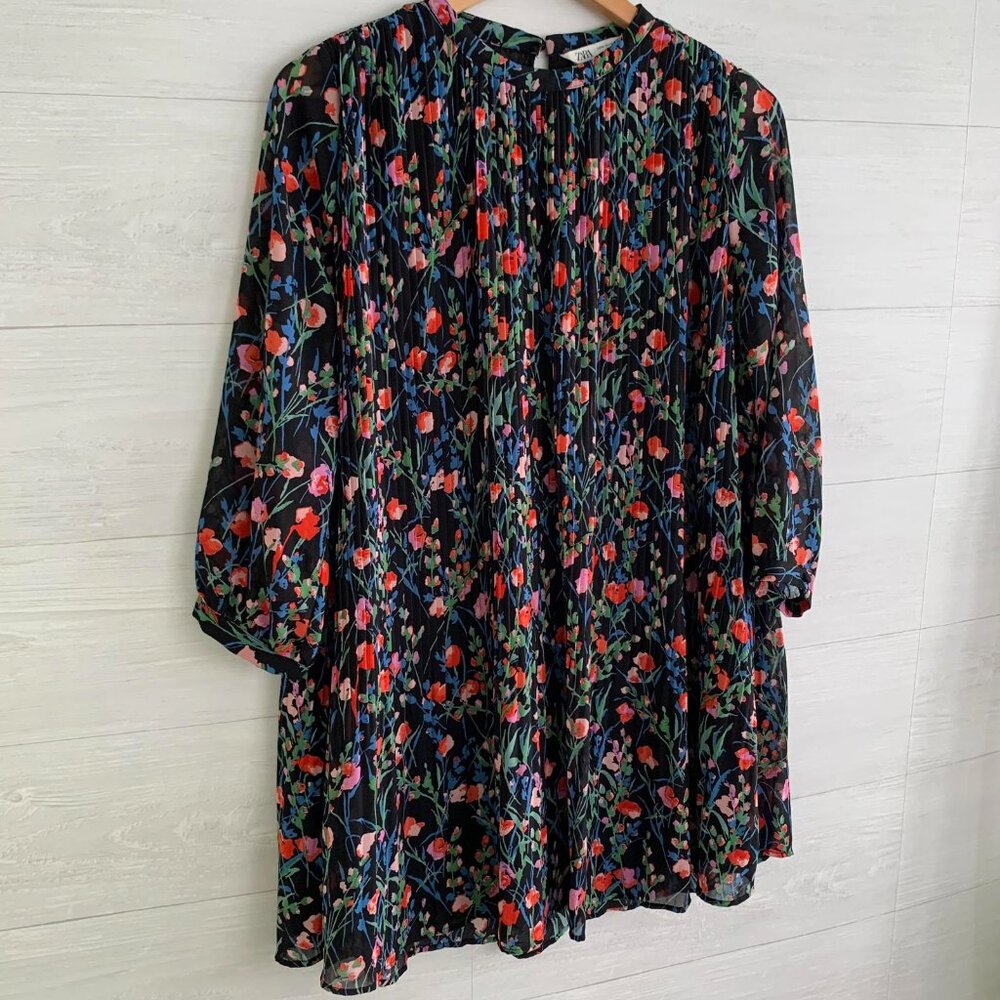 Zara - Black Floral Pleated Chiffon Swing Dress S… - image 3